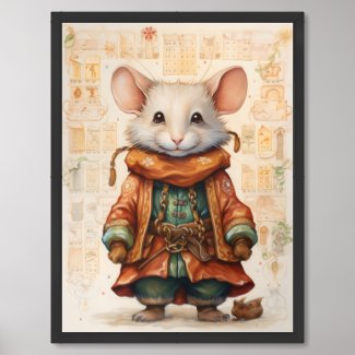 Cute mouse with red coat on a collage background