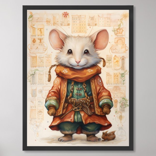 Cute mouse with red coat on a collage background framed art (Framed Front)