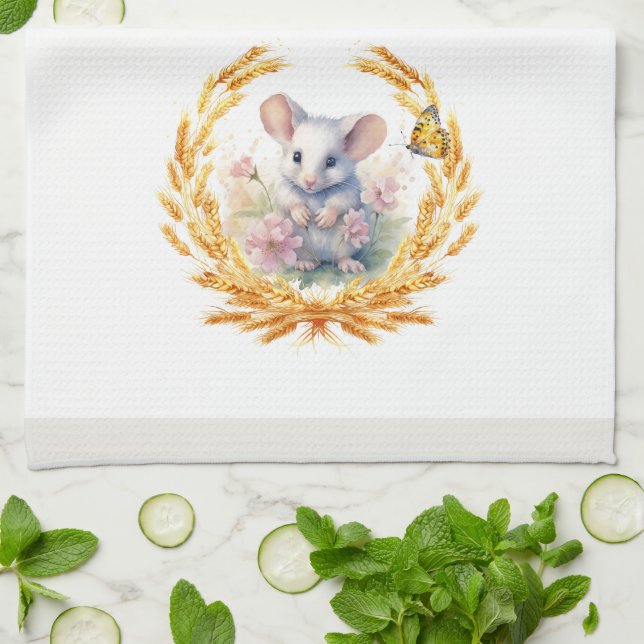Cute Mouse with Wheat Kitchen Towel White & Gray (Folded)