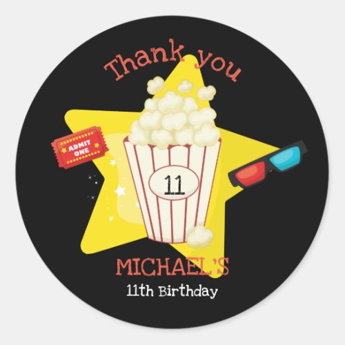 Cute Movie Night Birthday Party Popcorn 3d glasses Classic Round Sticker