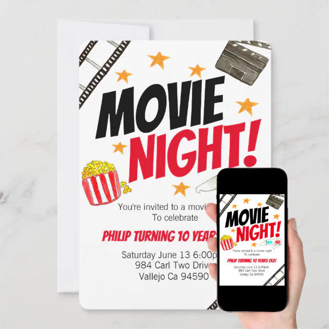 Cute movie night movie birthday party invite | Zazzle