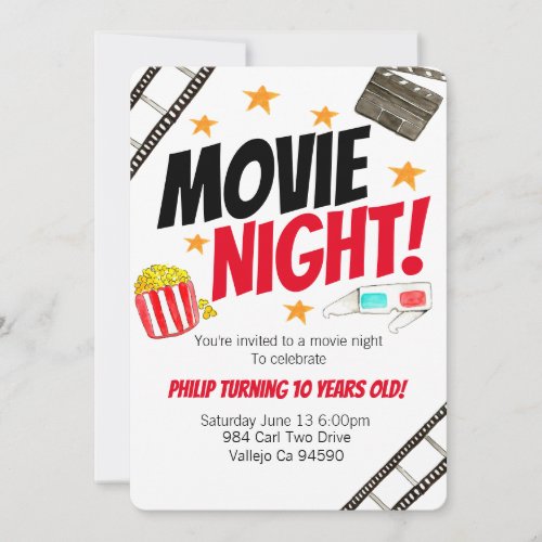 Cute movie night movie birthday party invite