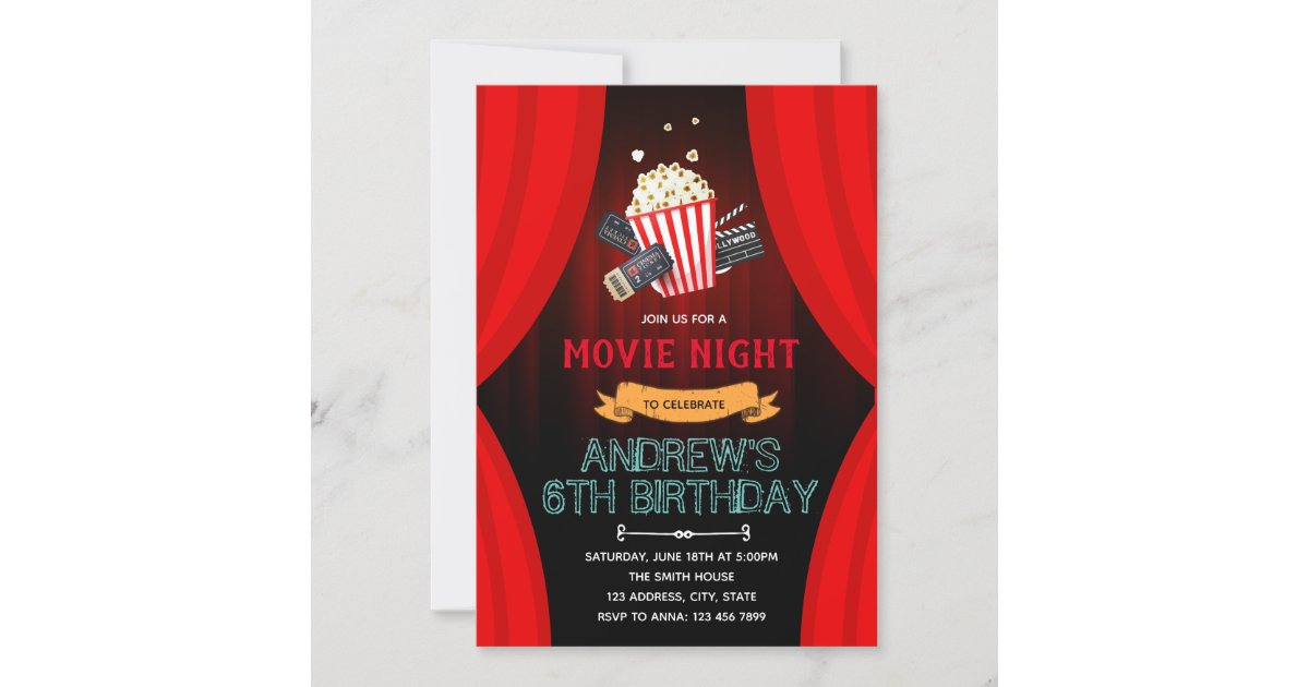 Cute movie night theme party invitation | Zazzle