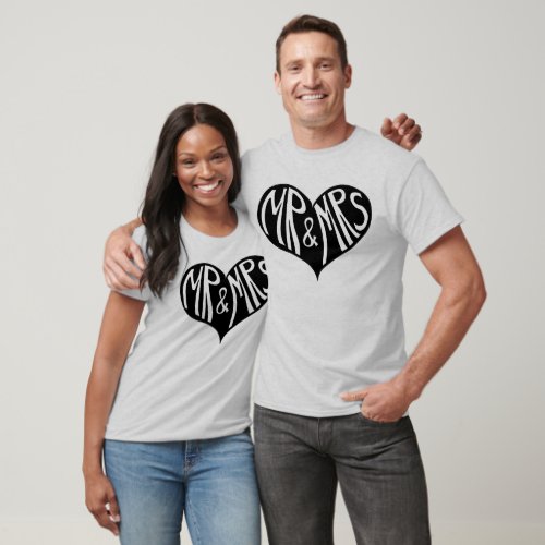 Cute Mr and Mrs Black Heart Shape Graphic T_Shirt