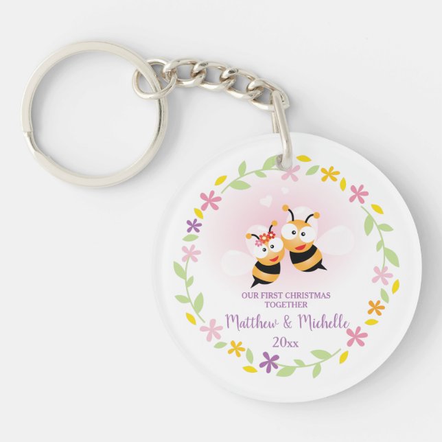 Cute Mr And Mrs Honey Bee First Christmas Keepsake Keychain (Front)
