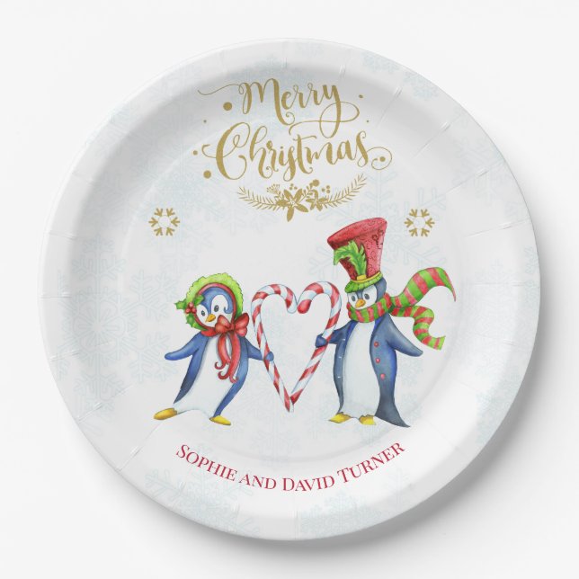 Cute Mr. and Mrs Penguins Merry Christmas Script Paper Plates (Front)