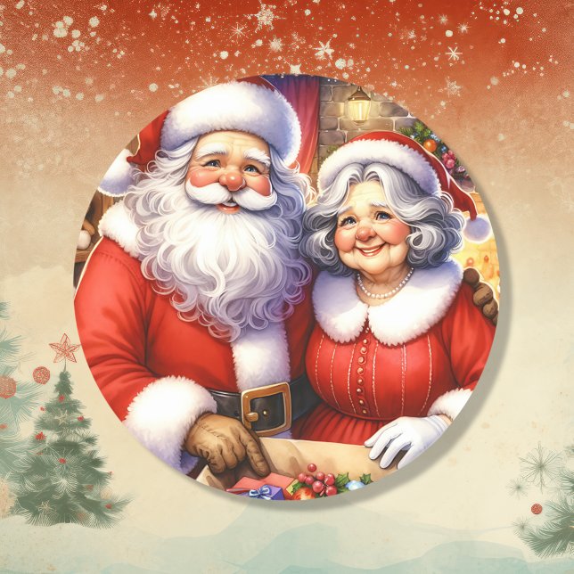 Cute Mr and Mrs Santa Claus Personalized Christmas Classic Round Sticker (Creator Uploaded)