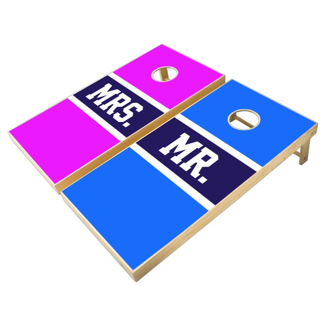 Cute Mr. Mrs.Bright Pink Blue Athletic Stripes Cornhole Set (Angled)