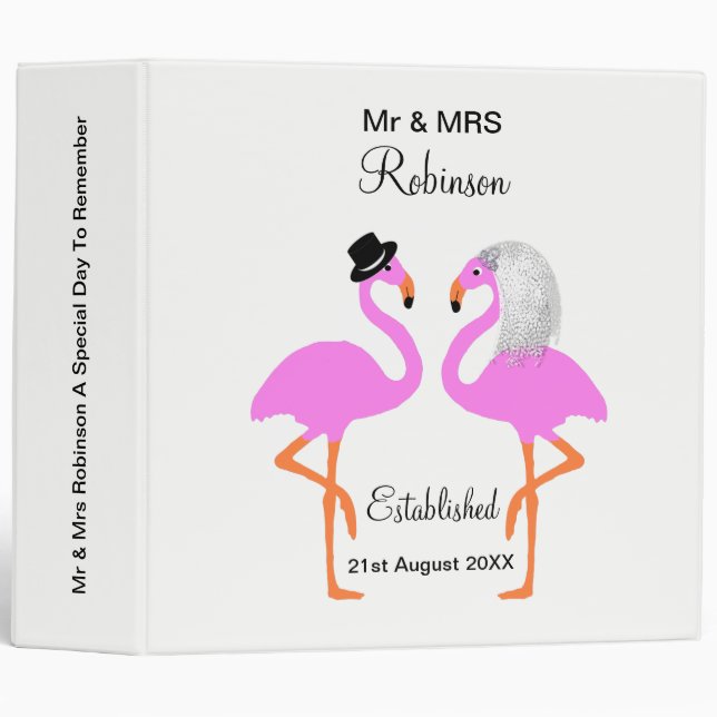 Cute Mr & Mrs Cute Pink Flamingo Personalized 3 Ring Binder (Front/Spine)