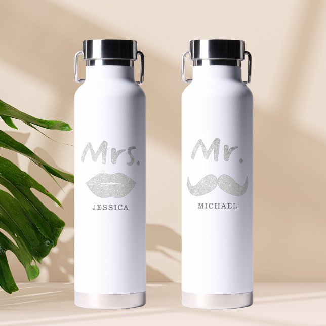 Cute Mr & Mrs Mustache Lips Matching Couple Water Bottle (Creator Uploaded)