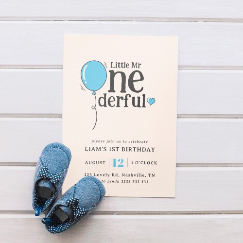 Cute Mr Onederful Soft Blue Balloon 1st Birthday Invitation