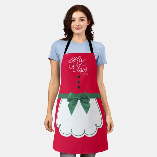 Cute Mrs. Claus Red Green Bow White Fake Apron  (Worn)