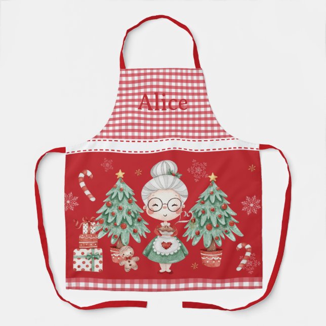 Cute Mrs Claus Tree Gingerbread Man Red Gingham  Apron (Front)