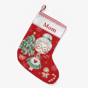 Cute Mrs Claus Tree Gingerbread Man Red Gingham Small Christmas Stocking
