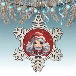 Cute Mrs Santa Graphic Berry Red Sparkle 🤶🏻🎄 Snowflake Pewter Christmas Ornament