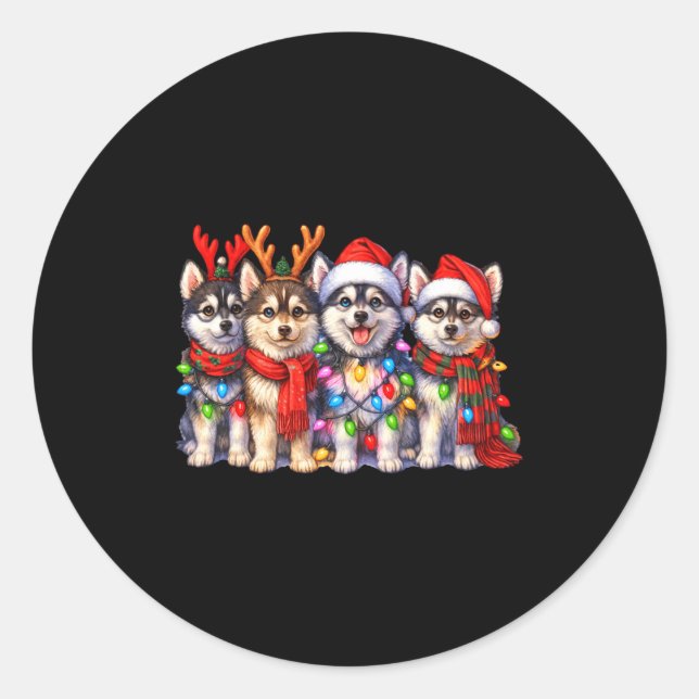 Cute Msky Christmas Dogs With Lights Long Sleeve  Classic Round Sticker (Front)