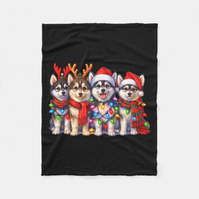 Cute Msky Christmas Dogs With Lights Long Sleeve  Fleece Blanket (Front)
