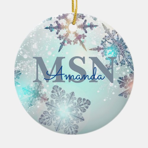Cute MSN Graduation Personalized Name Blue  Ceramic Ornament
