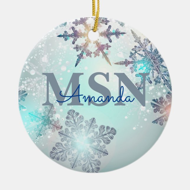 Cute MSN Graduation Personalized Name Blue  Ceramic Ornament (Front)