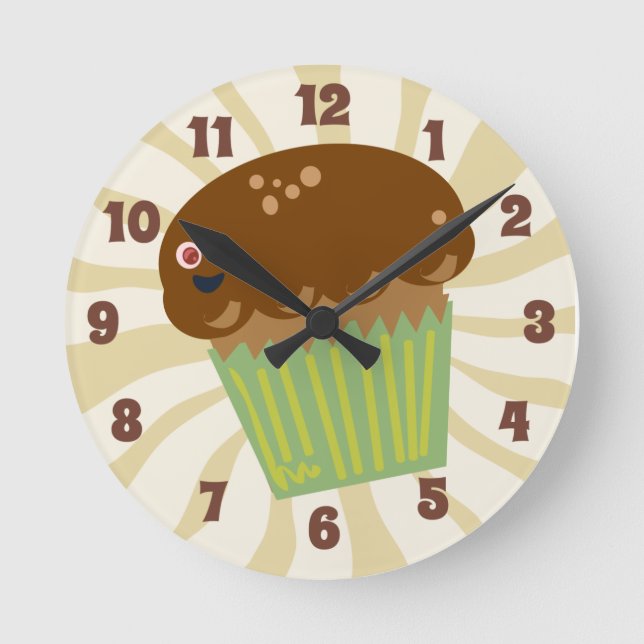 Cute Muffin Time Cartoon Breakfast Mascot Round Clock (Front)