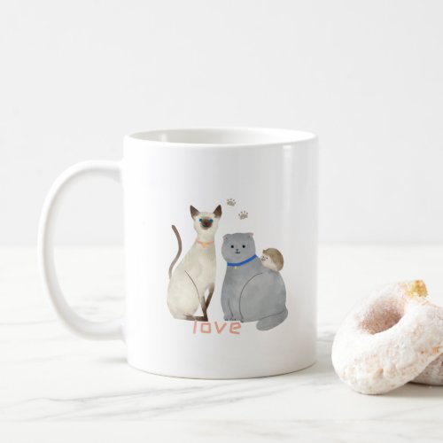 Cute mug with Cats and a Hedgehog  Love