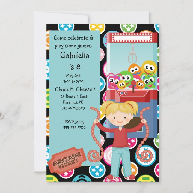 Cute, Multi Color, Arcade Birthday Girl Invitation (Front)
