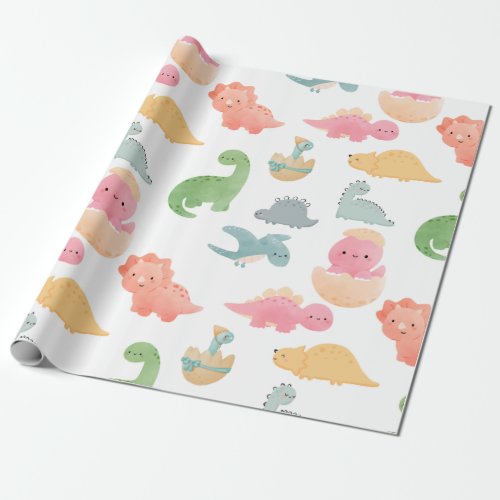 Cute multi_colored dino dinosaurs for children wra wrapping paper