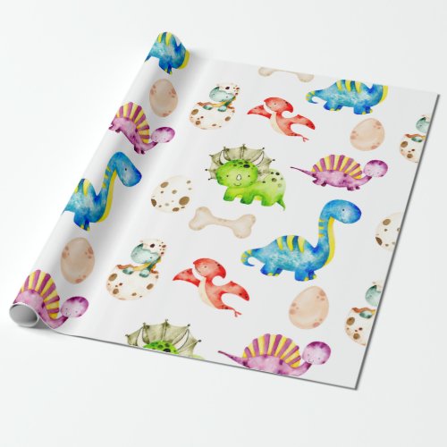 Cute multi_colored dino dinosaurs for children wrapping paper