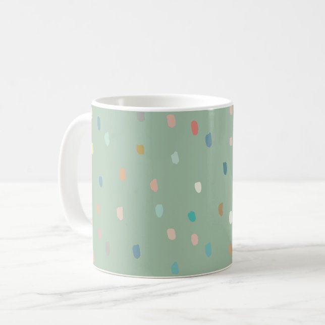 Cute Multicolor Dotty Pattern On Sage Green Coffee Mug (Front Left)