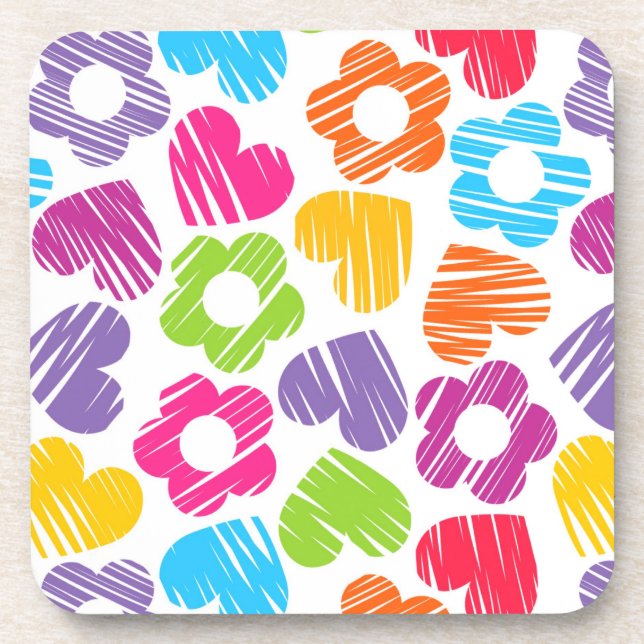 Cute multicolor flowers and hearts girly pattern   beverage coaster (Front)