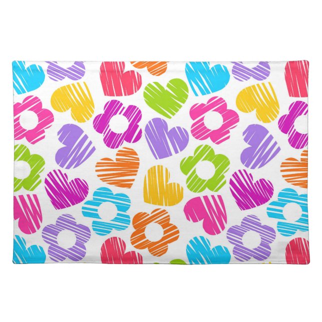 Cute multicolor flowers and hearts girly pattern   cloth placemat (Front)