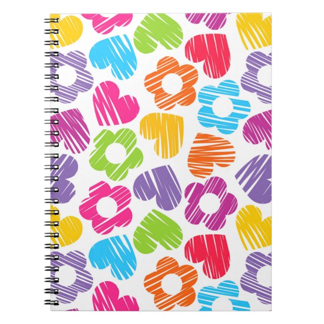 Cute multicolor flowers and hearts girly pattern   notebook (Front)