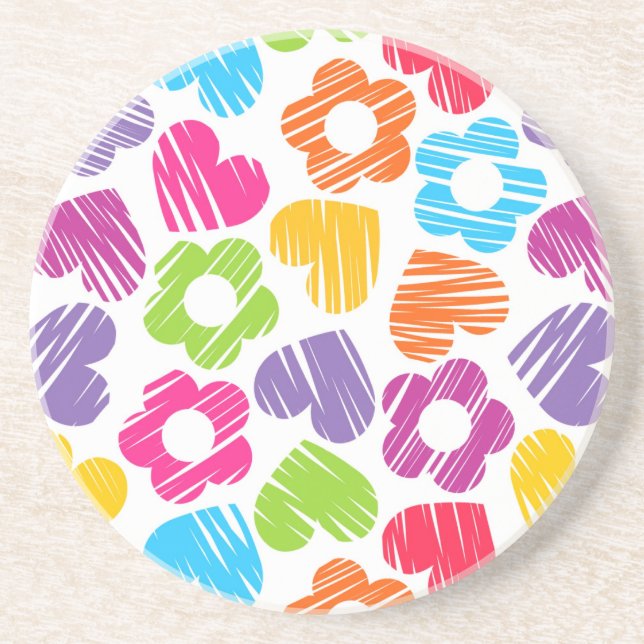 Cute multicolor flowers and hearts girly pattern   sandstone coaster (Front)