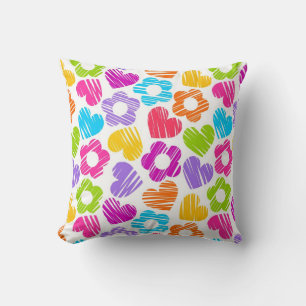 Cute multicolor flowers and hearts girly pattern throw pillow