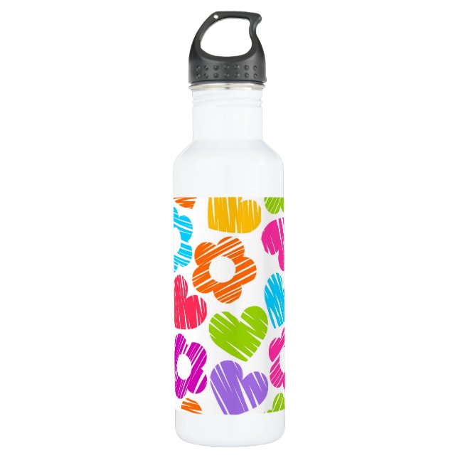 Cute multicolor flowers and hearts girly pattern   water bottle (Front)