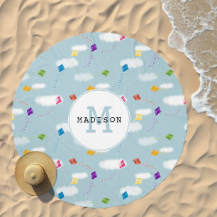 Cute Multicolored Flying Kites Kids Monogram Beach Towel