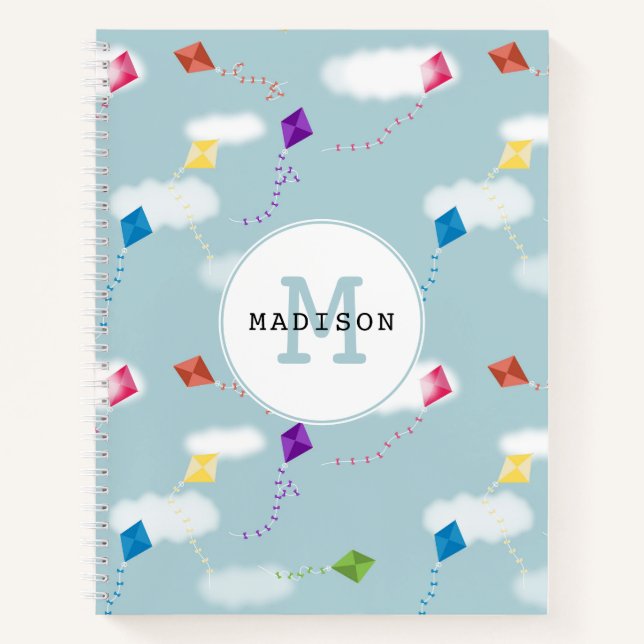 Cute Multicolored Flying Kites Kids Monogram Notebook (Front)
