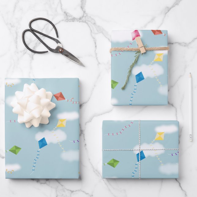Cute Multicolored Flying Kites Kids Pattern Wrapping Paper Sheets (Front)