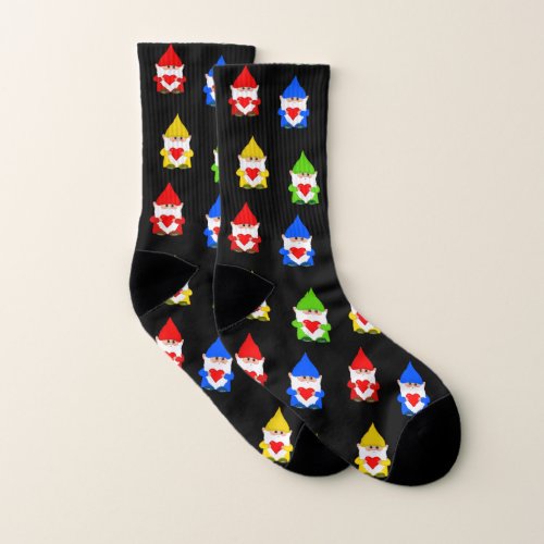 Cute multicolored gnomes on black socks