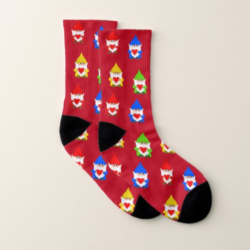Cute multicolored gnomes on red socks