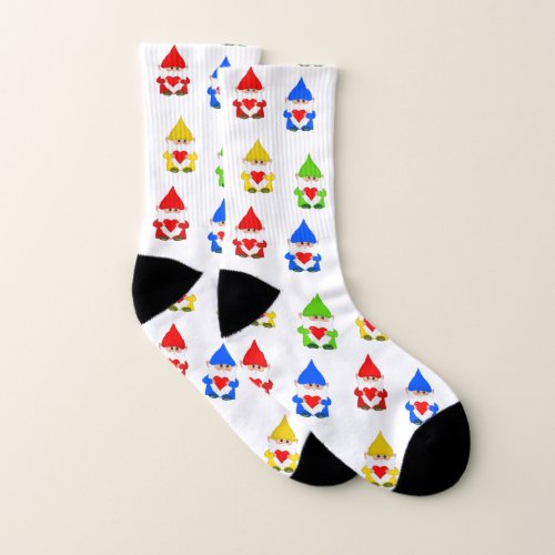 Cute multicolored gnomes on white socks