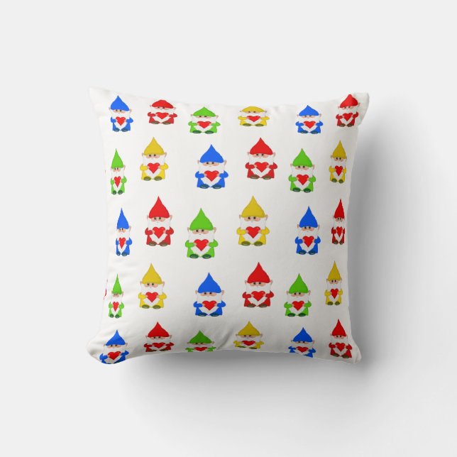 Cute multicolored gnomes on white throw pillow (Front)