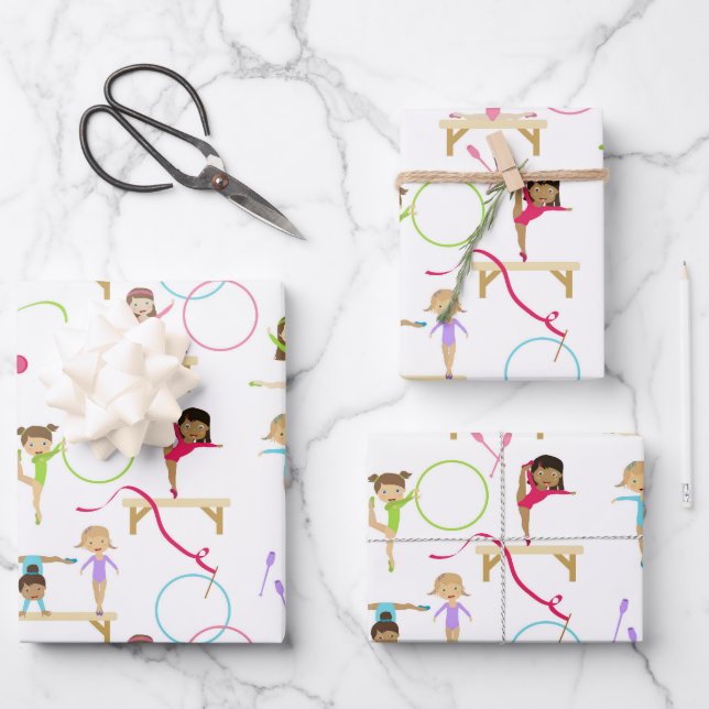 Cute Multicolored Gymnastics Kids Pattern Wrapping Paper Sheets (Front)