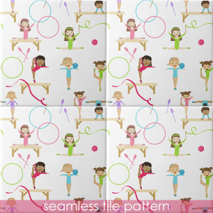 Cute Multicolored Gymnastics Kids Seamless Pattern Ceramic Tile