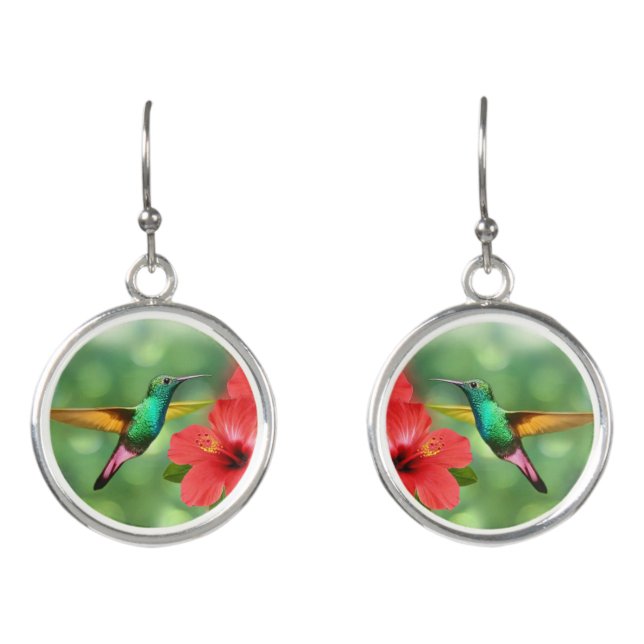 Cute multicolored hummingbird & red flowers earrings (Front)