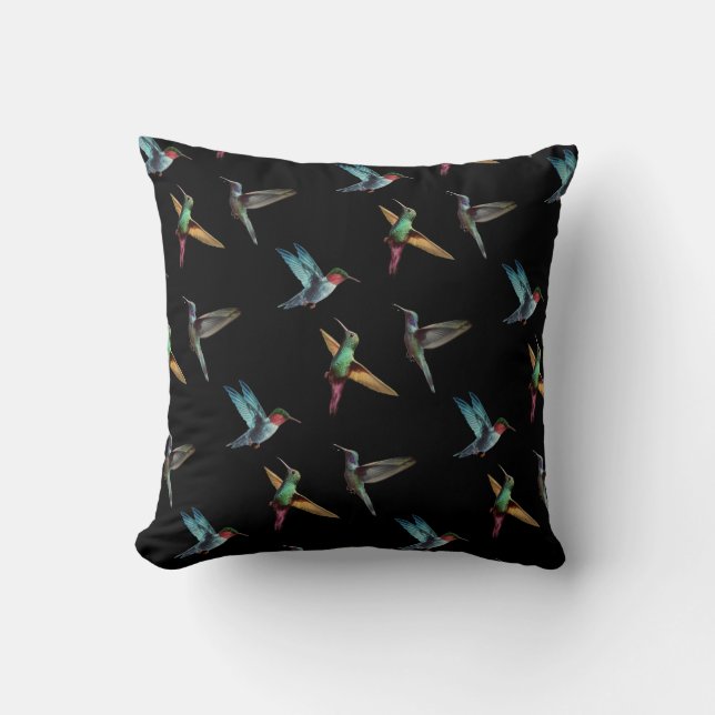 Cute multicolored hummingbirds on black throw pillow (Front)