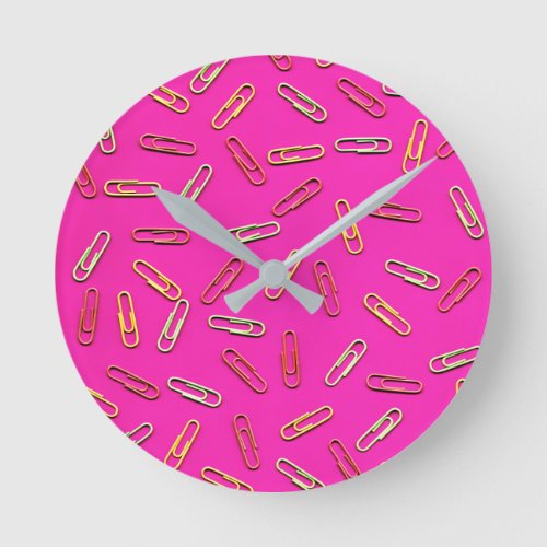 CUTE Multicolored Paper Clips on Pink Round Clock
