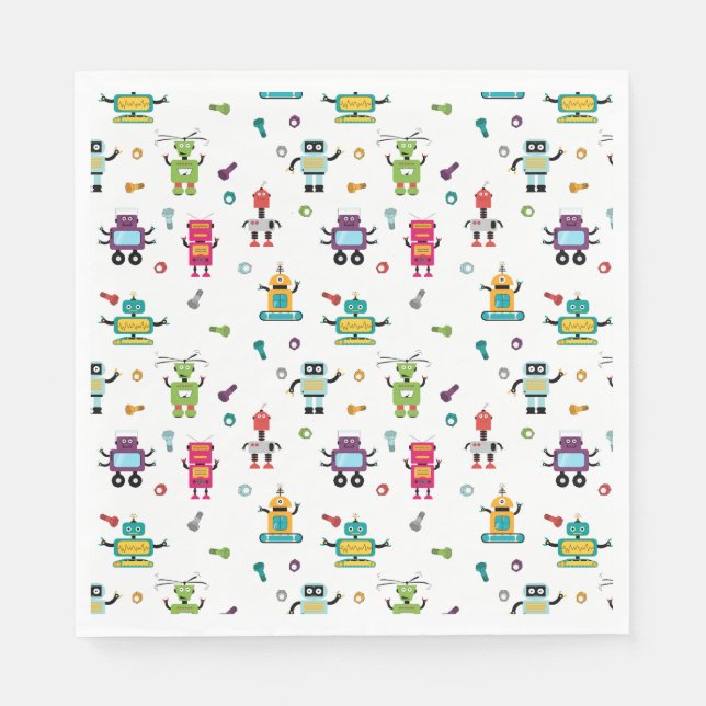 Cute Multicolored Robots Kids Robot Birthday Party Napkins (Front)