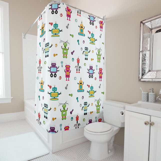 Cute Multicolored Robots Kids Robot  Shower Curtain (In Situ)