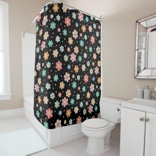 Cute Multicolour Flower Pattern On Black Shower Curtain
